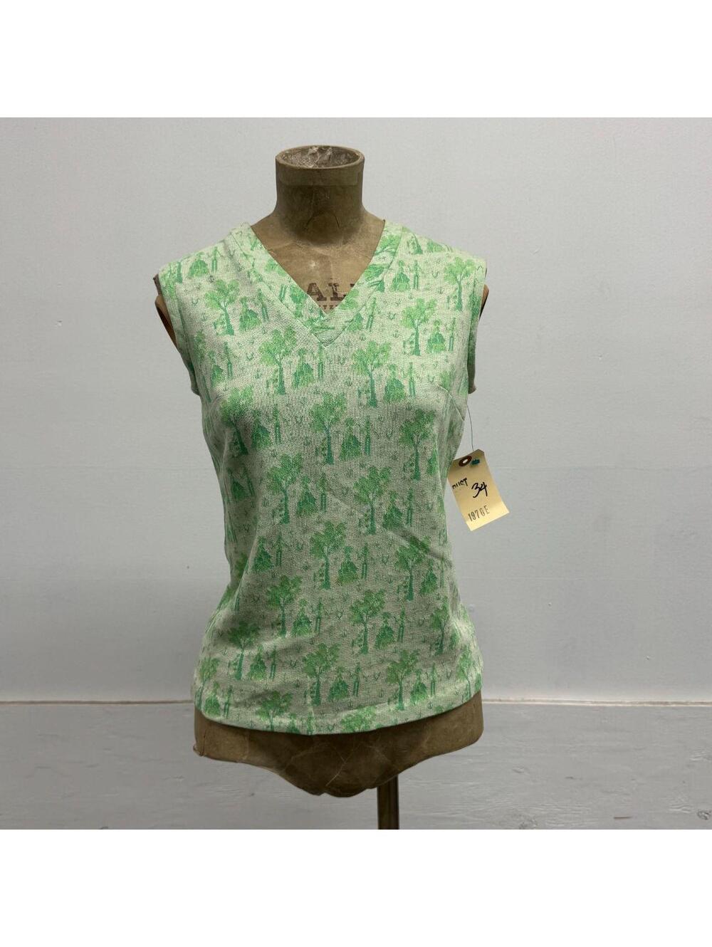 Vintage 1970s Green Pastoral Toile Jacquard Knit Sleeveless Shell Top